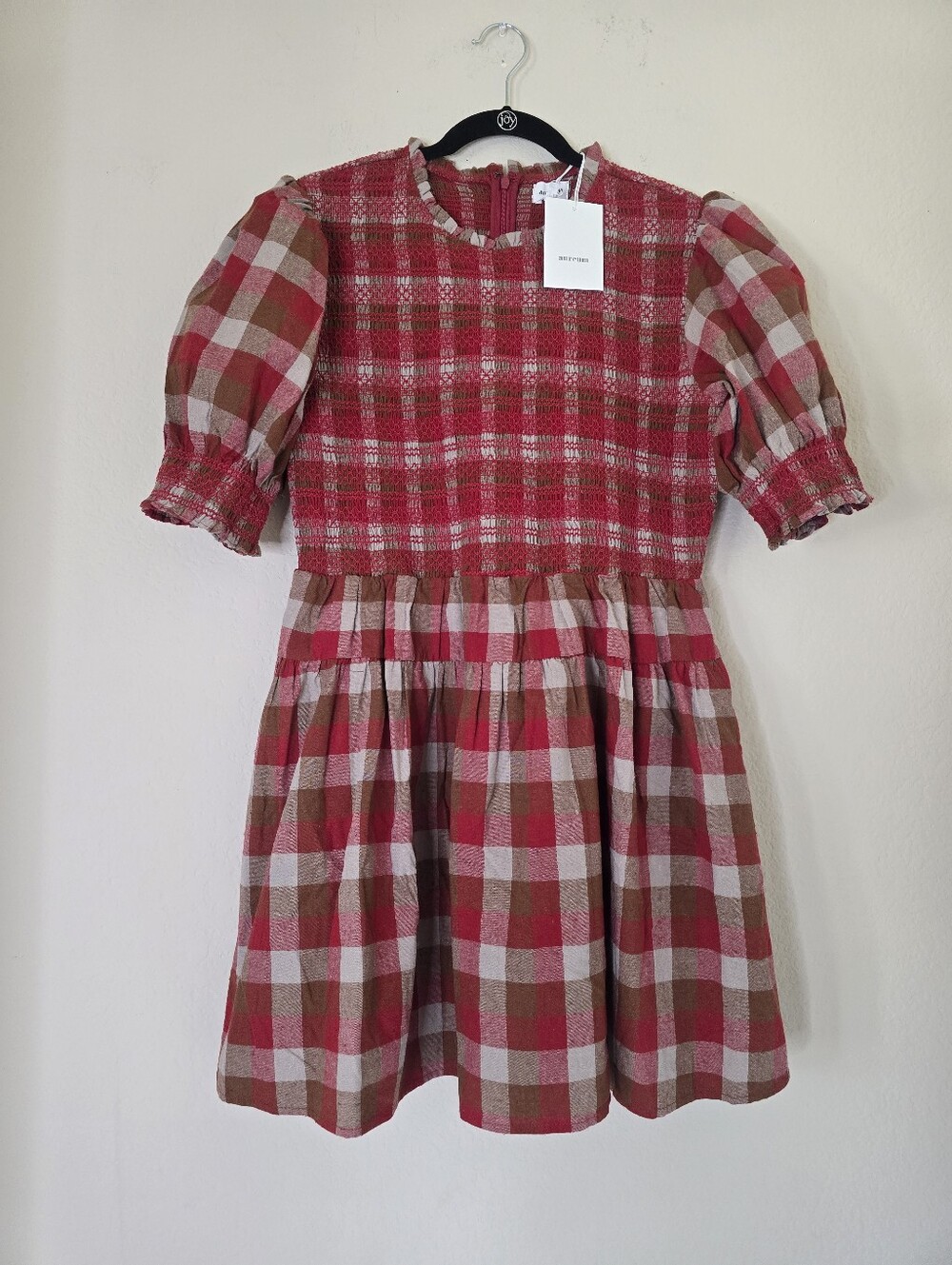 Aureum Sienna Mini Dress Check Plaid Smocked Ruffle Sz L Red Brown Puff Sleeves
